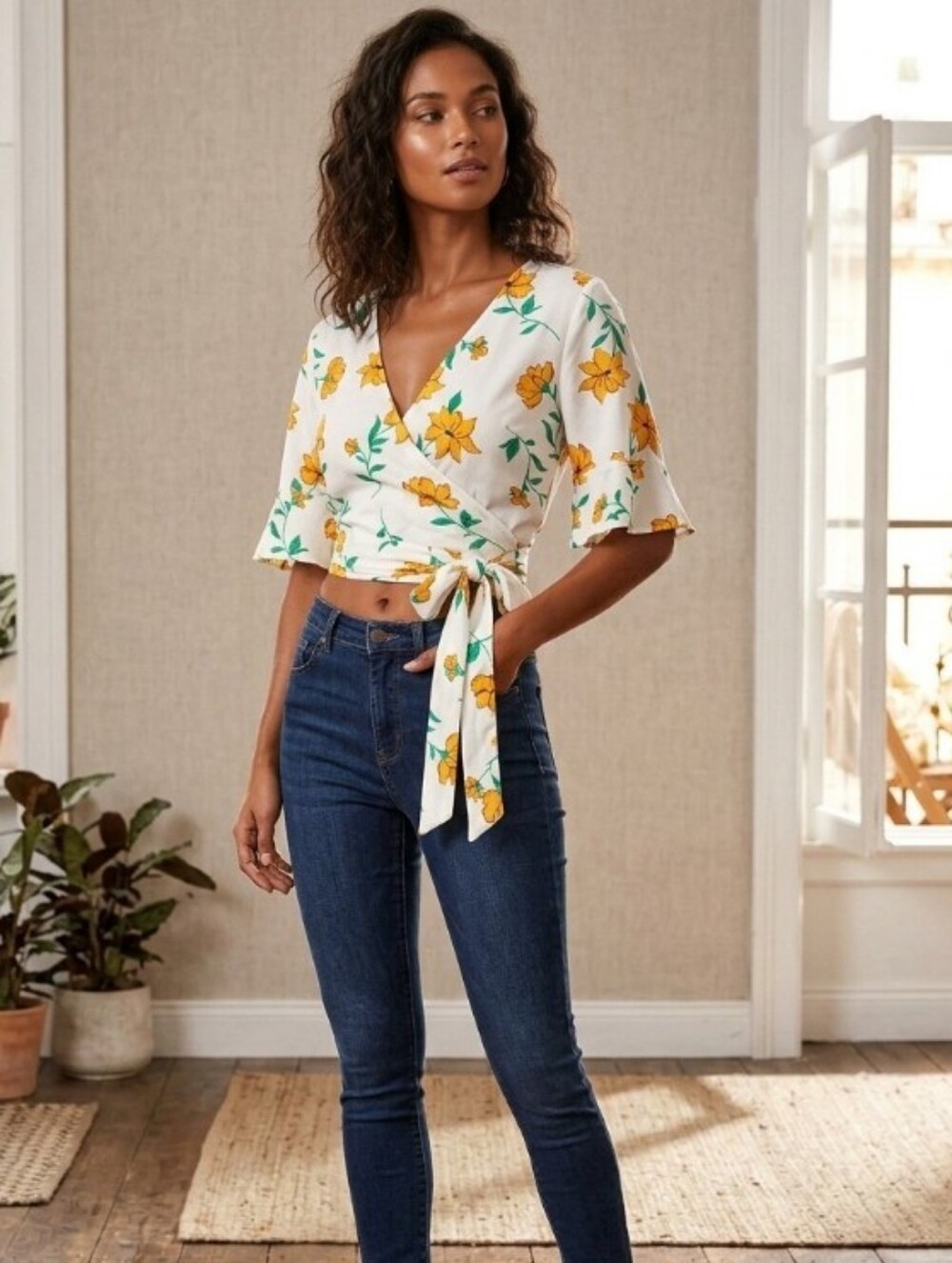 Floral Wrap Tie-Front Crop Top - White with Yellow Floral